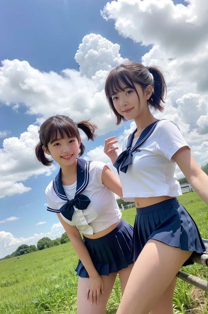 two girls standing in the park,Plain white school gym shirt with navy blue trim,Navy blue speed briefs,Red headband,White headband,18-year-old,bangs,A small smile,Thighs,knees,Straight hair with barrette,From below,Front light, White panties visible through the skirt、((Lift the hem of the skirt with both hands to reveal the panties))、Cute like an entertainer