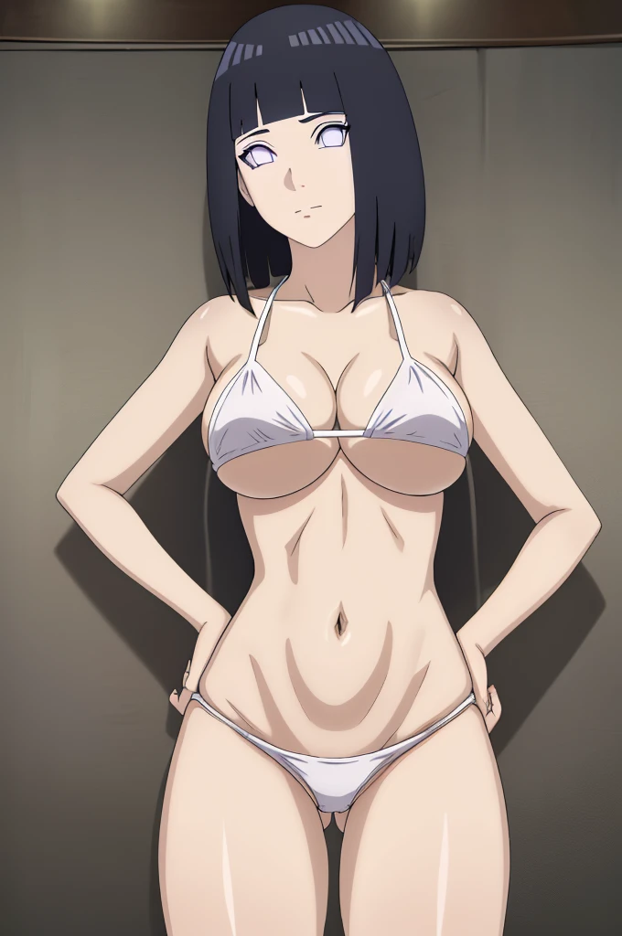 masterpiece, (intricate details), (colorful),cinematic lighting,extremely detailed CG unity 8k wallpaper ,hinata\(boruto\), 1girl,solo, large breasts, (hinata, hyuuga hinata, purple eyes, blunt bangs, black hair) big breasts, perfect breasts, large breasts, round breasts, sexy body, slim waist, nice hips, skinny, nice thighs, thick thighs, black bra, cleavage, bare shoulders, collarbone, underboob, slim waist, white bikini, bikini, swimsuit, small bikini, plain background, cowboy shot, body shot, front shot, full body, white backdrop, perfect eyes, glowing eyes, beautiful eyes, black background, simple background, no background , body shot, hands on hip