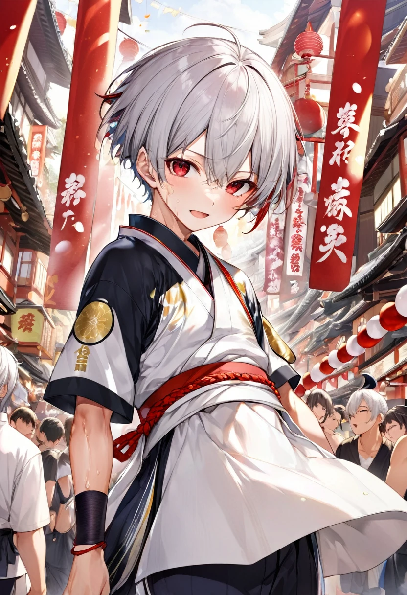 Hakata Gion Yamakasa Mikoshi, (a 16 yo, silver crew cut hair very short hair divine fighter boy, serious face, cool red eyes, sweaty), in a Festival Happi, Fundosi:1.3, break, in the Hakata Gion Yamakasa festival venue, BREAK, perfect anatomy, masterpiece, best quality, 16k, beautiful detailed grow, daydreaming expression.