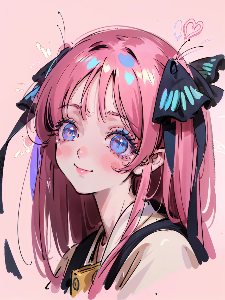 Nino nakano, looking at viewer, happy surprised face, sparkling eyes, smile, joyful cheery smile, happy, overflowing joy, pink silky hair, hair ribbons, (masterpiece:1.2), best quality, high resolution, unity 8k wallpaper, (illustration:0.8), (beautiful detailed eyes:1.6), extremely detailed face, perfect lighting, extremely detailed CG, (perfect hands, perfect anatomy),, sticker, head, minimal, head only, flat colours, simple lines