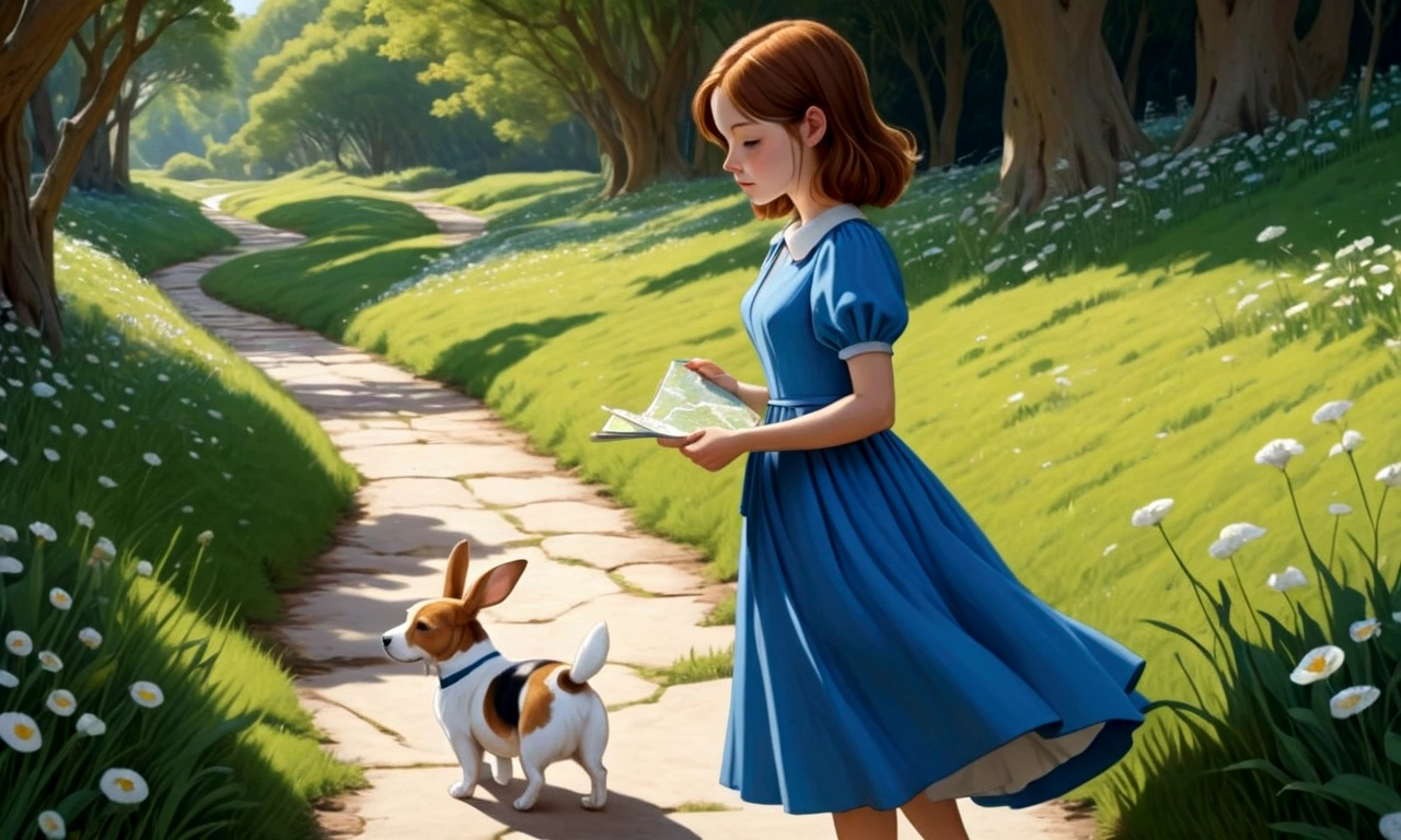 Draw a young woman with brown hair and a blue dress. In front of you on the path is a white rabbit in the distance.. In one hand he has a map. At his side is a brown and white beagle.