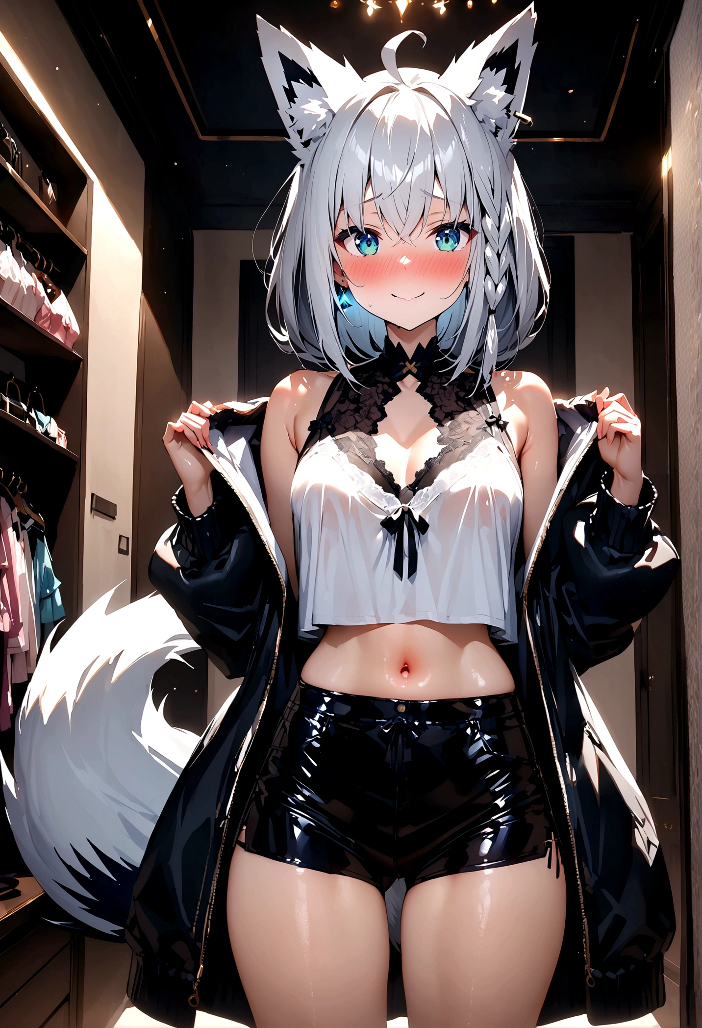 NSFW,masterpiece,Highest quality,High resolution,Super detailed,Shirakami Fubuki\(Hololive\),Gray Hair、One-sided braid、Ahoge、Earrings,Fox ears,Fox tail,Jacket,Crop top shirt,Shorts,Embarrassed,blush,Expecting face,Seduce,smile,Lingerie Shop,Underwear section,Luxurious Room