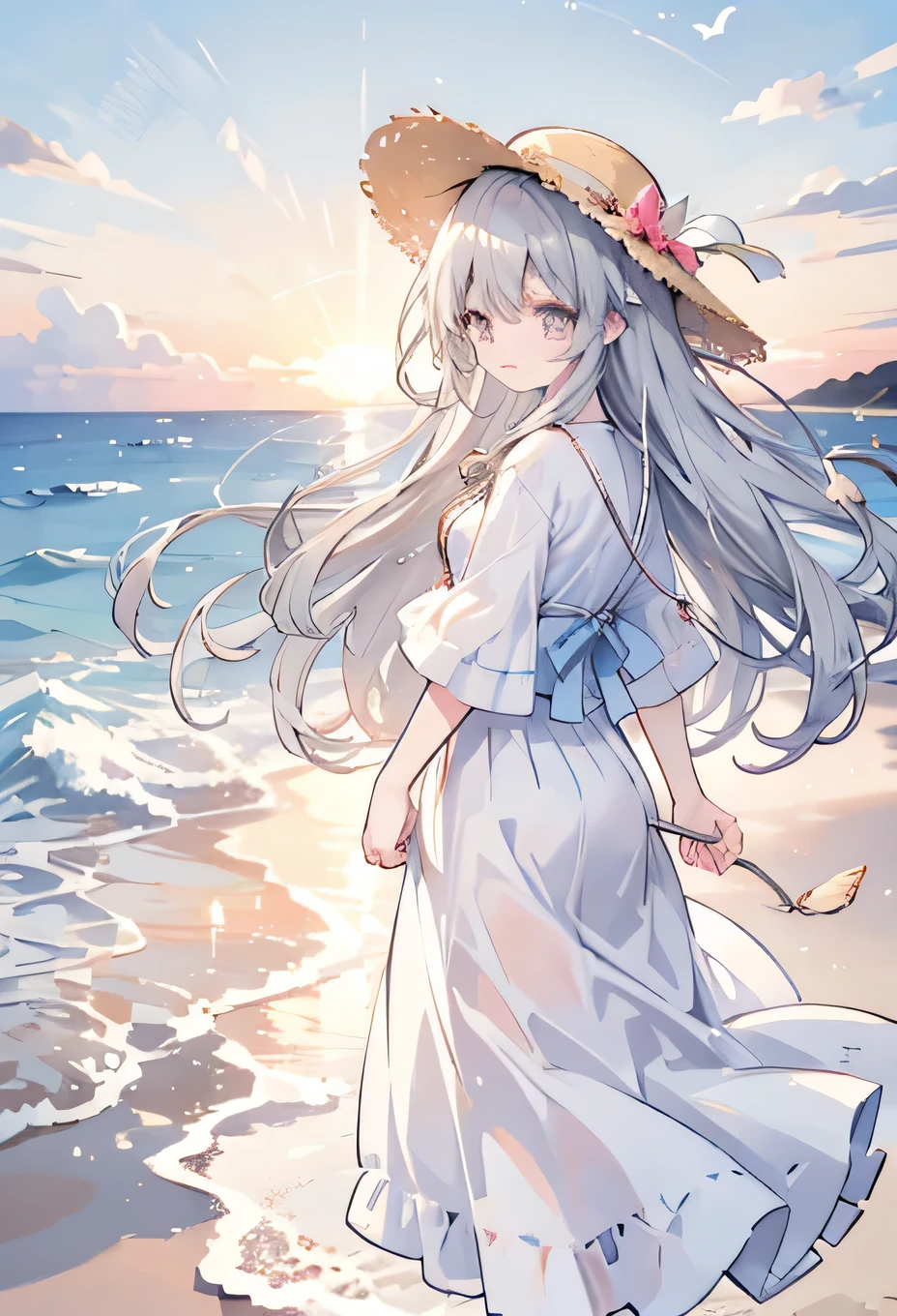 sunset、coastal、Sandy Beach、Straw hat、Fluttering in the wind、Long Hair、Gray Hair、Long skirt、Landscape、Sunset