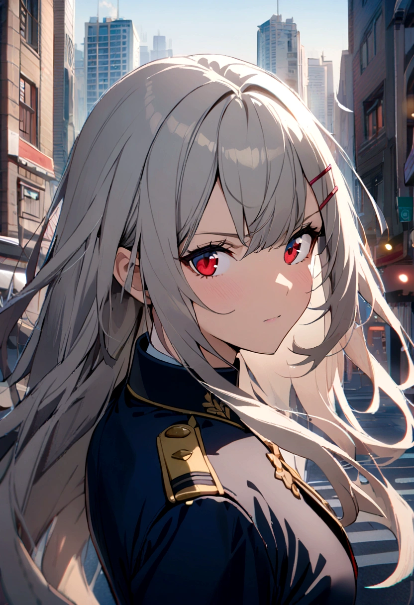 1girl, dark blue military uniform, grey blond hair, long hair, red Eyes, hairclip, city background,