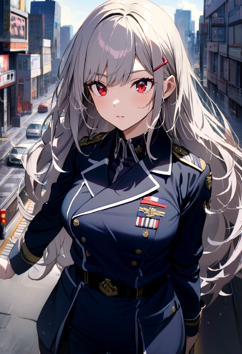 1girl, dark blue military uniform, grey blond hair, long hair, red Eyes, hairclip, city background,