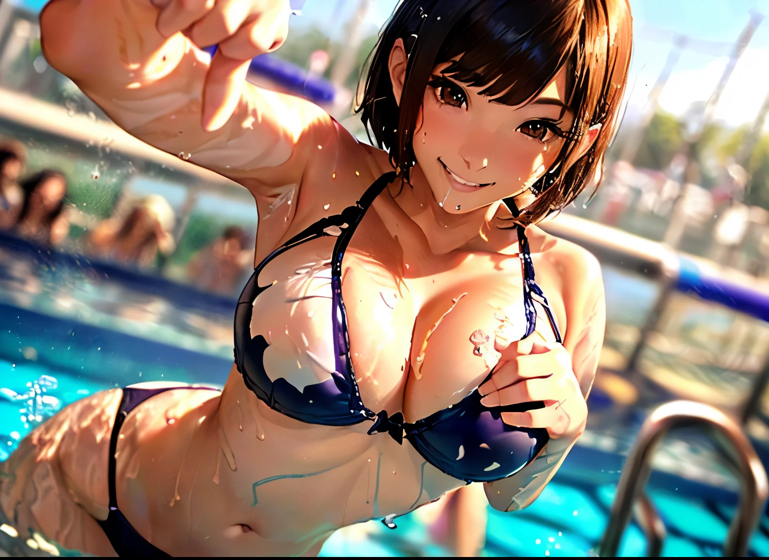 Highest quality、High resolution、Detailed Background、((beautiful finger)),(beautiful face in every detail:1.4)、(((Burstingly Big Breasts:1.5)))、((Abdominal tightening is correct、(Draw the normal number of fingers:1.2)、(Detailed facial expressions)、(fine grain:1.2)、(fine grain:1.2)、beautiful, Smooth Skin、Teenage Beauty、(Highly detailed face:1.4)、cute hair color、Bobcut、Braided long、Wavy Hairstyle、cute hairstyle、well-groomed eyebrows、Perfect body line、Waterfront Park、joke、My whole body is wet、Hair is also wet、Cowboy Shot、 (Beautiful girl swimming with a smile:1.5)、((Tiger Print Lingerie))、((Thong Panties))、 The high-neck bikini top is stylish yet、Adequate coverage.、Zipper and lace-up accent at chest、 Gives a stylish impression while covering your arms and back.。.、While beautifully accentuating the body line、Effectively prevents sunburn。.、 Waterfront Park has a large pool and water slides.、It is an entertainment facility with a wave pool....、It is a popular summer leisure activity..., Plenty of slides and pool attractions.、cute