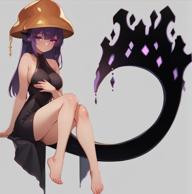 1 adult anime girl, solo, looking at viewer, black tail, strong purple eyes, sitting, big breasts, black dress, 2 very slim dress bands covering breasts, hair hears.