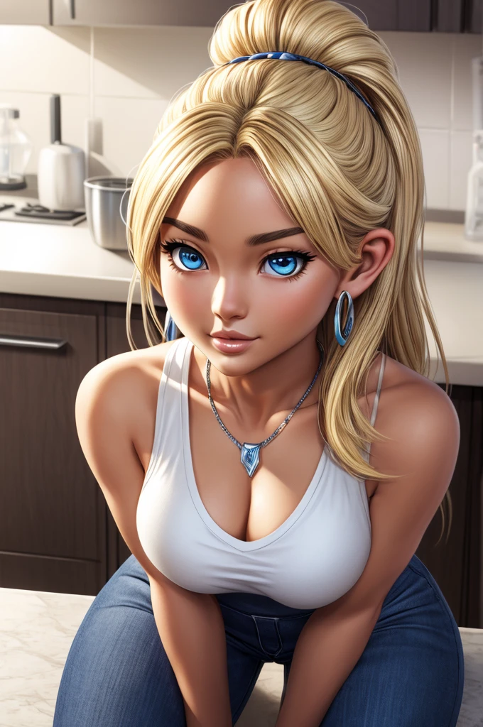 ((ultra quality)), ((tmasterpiece)), gnome girl, Short stature, ((blonde woman, hairlong)), (silver ear rings), (silver necklace around the neck), (Beautiful cute face), (beautiful female lips), Charming, ((sexy facial expression)), is looking at the camera, eyes are slightly closed, (Skin color: white), Body glare, ((detailed beautiful female eyes)), ((dark blue eyes)), (juicy female lips), (beautiful female hands), (A bit full figure, bun), ((perfect female figure)), perfect female body, Beautiful waist, Gorgeous hips, Beautiful medium breasts, ((Subtle and beautiful)), sits seductively on a chair (close-up of the face), (wearing blackface jeans, white tanktop) background: in a kitchen ((Depth of field)), ((high quality clear image)), (crisp details), ((higly detailed)), Realistic, Professional Photo Session, ((Clear Focus)), the anime