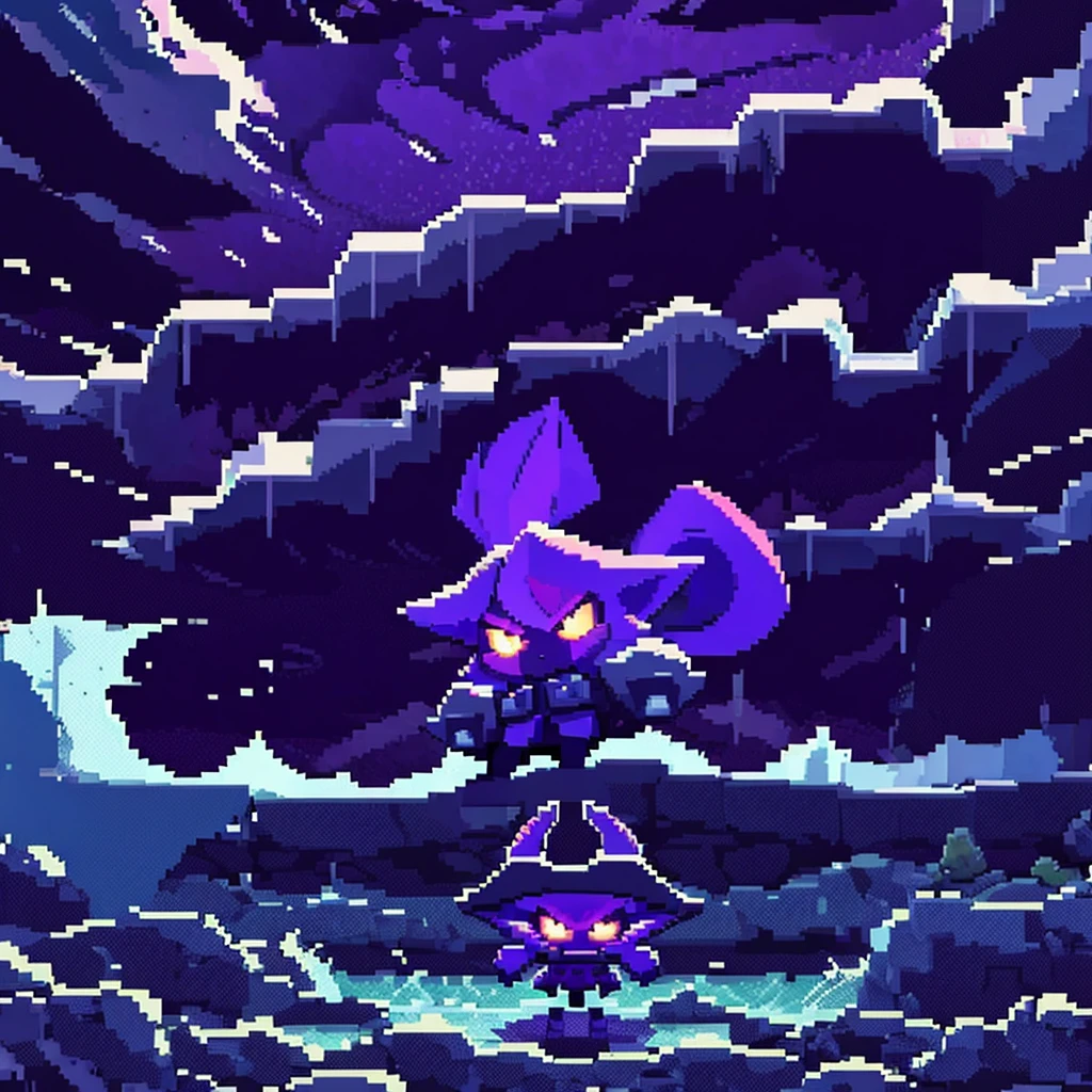 Picture a pixel art representation of a yordle, modeled after Veigar, standing on a pier during a rainstorm. The dark clouds overhead loom ominously, casting a shadow over the choppy waters of the sea. The yordle's eyes gleam with a mischievous glint as they watch the storm rage on, their cloak fluttering in the gusts of wind.