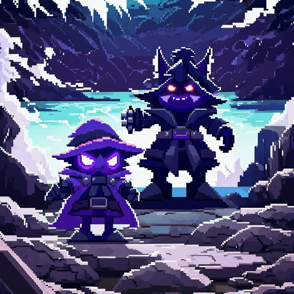 Picture a pixel art representation of a yordle, modeled after Veigar, standing on a pier during a rainstorm. The dark clouds overhead loom ominously, casting a shadow over the choppy waters of the sea. The yordle's eyes gleam with a mischievous glint as they watch the storm rage on, their cloak fluttering in the gusts of wind.