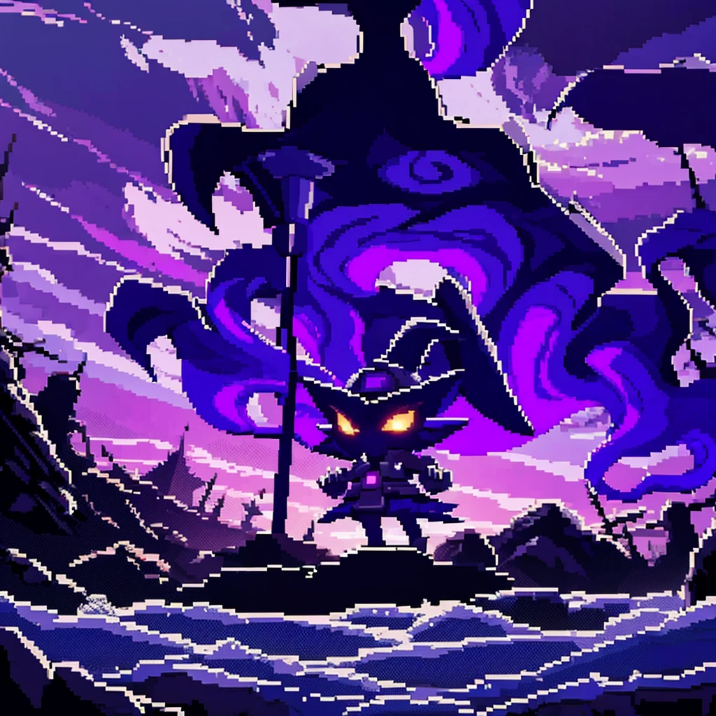 Picture a pixel art representation of a yordle, modeled after Veigar, standing on a pier during a rainstorm. The dark clouds overhead loom ominously, casting a shadow over the choppy waters of the sea. The yordle's eyes gleam with a mischievous glint as they watch the storm rage on, their cloak fluttering in the gusts of wind.