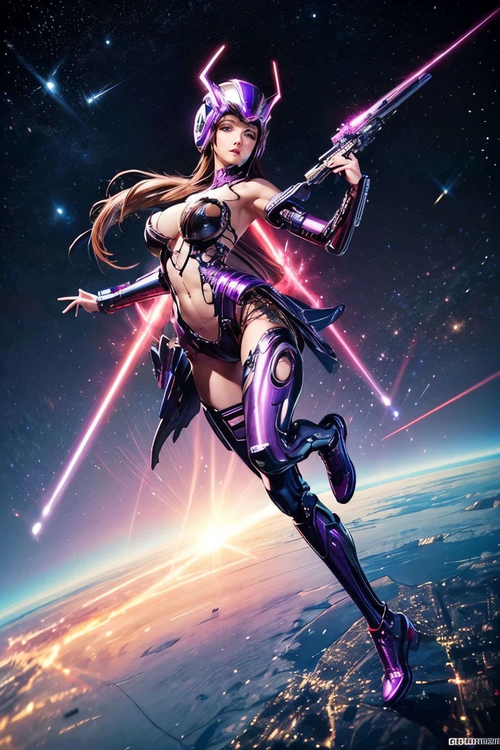 Luciwilde is a sexy cyborg with a entirely electric purple metallic body(obviously mechanical), metal helmet stylized as a fashion model hairdo (no hair visible), and a completely human face. She is flying through space propelled by jets in her feet. She has a guitar with a laser rifle built into it. Full body shot, show all of her, action pose with her weapon, best quality, extreme attention to detail, beautiful face