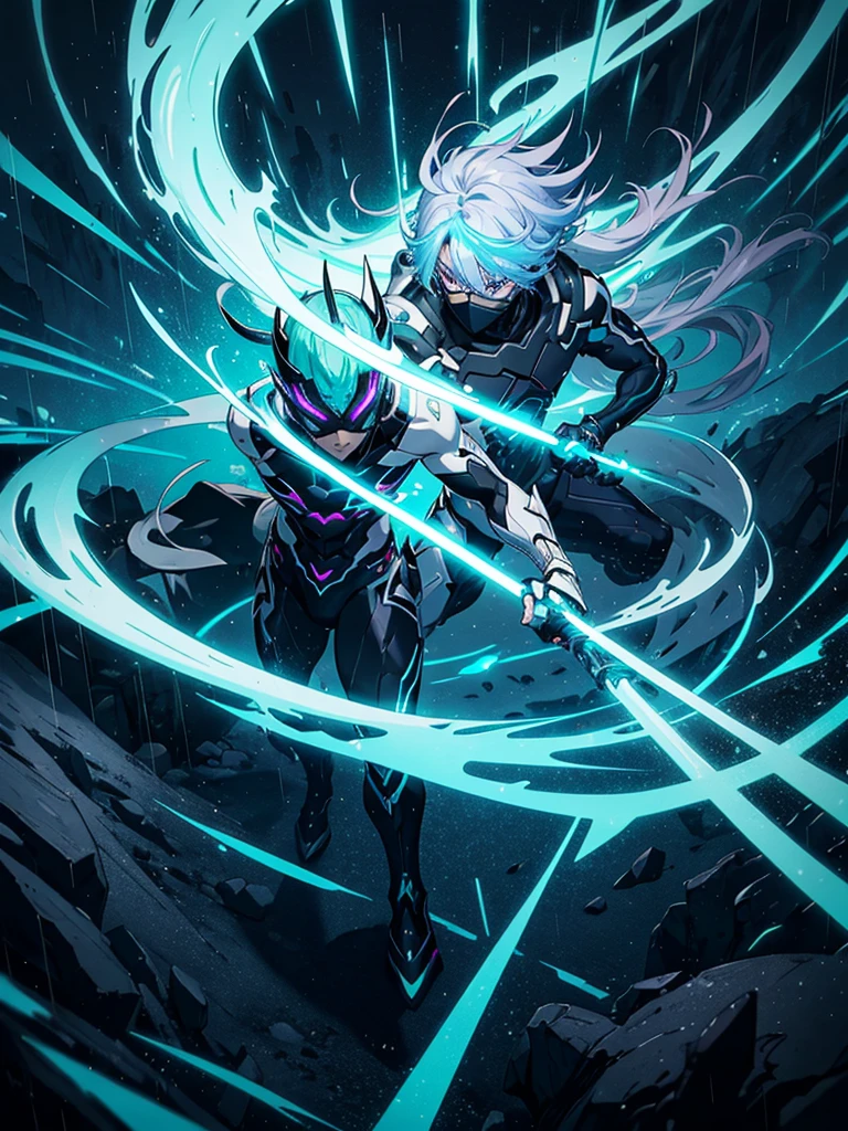 NEX Genesis man, masked, light blue, Lavender, Mint green, doradas, offwhite, a killer, mysterious and dark, with chaotic scenery, preto e offwhite, anime styling, overpower, epic, legendary, in the rain, sleeve-style, Epic fight, speechless