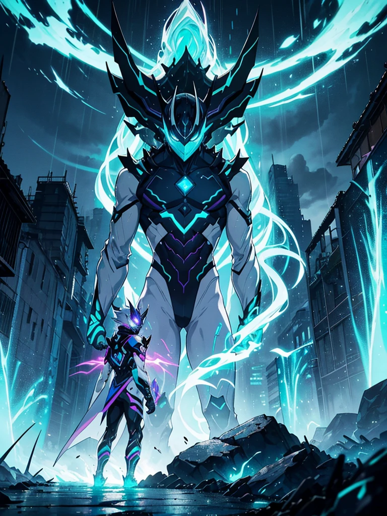 NEX Genesis man, masked, light blue, Lavender, Mint green, doradas, offwhite, a killer, mysterious and dark, with chaotic scenery, preto e offwhite, anime styling, overpower, epic, legendary, in the rain, sleeve-style, Epic fight, speechless
