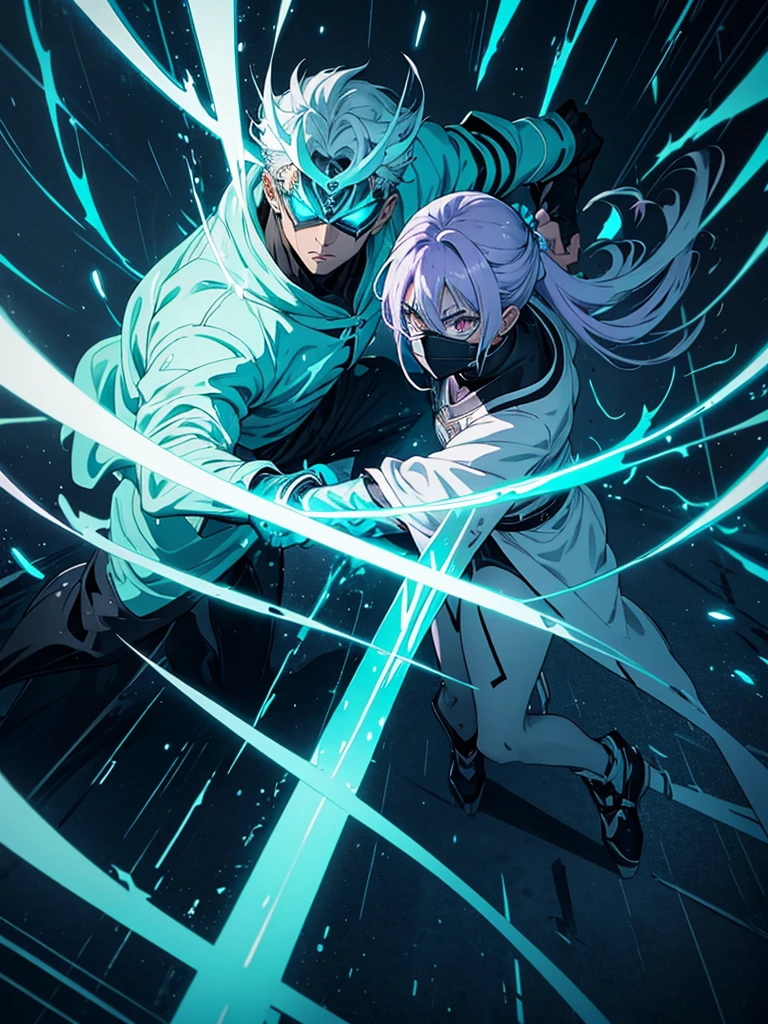 NEX Genesis man, masked, light blue, Lavender, Mint green, doradas, offwhite, a killer, mysterious and dark, with chaotic scenery, preto e offwhite, anime styling, overpower, epic, legendary, in the rain, sleeve-style, Epic fight, speechless