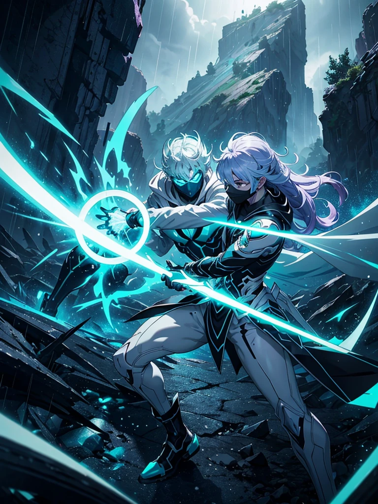 NEX Genesis man, masked, light blue, Lavender, Mint green, doradas, offwhite, a killer, mysterious and dark, with chaotic scenery, preto e offwhite, anime styling, overpower, epic, legendary, in the rain, sleeve-style, Epic fight, speechless
