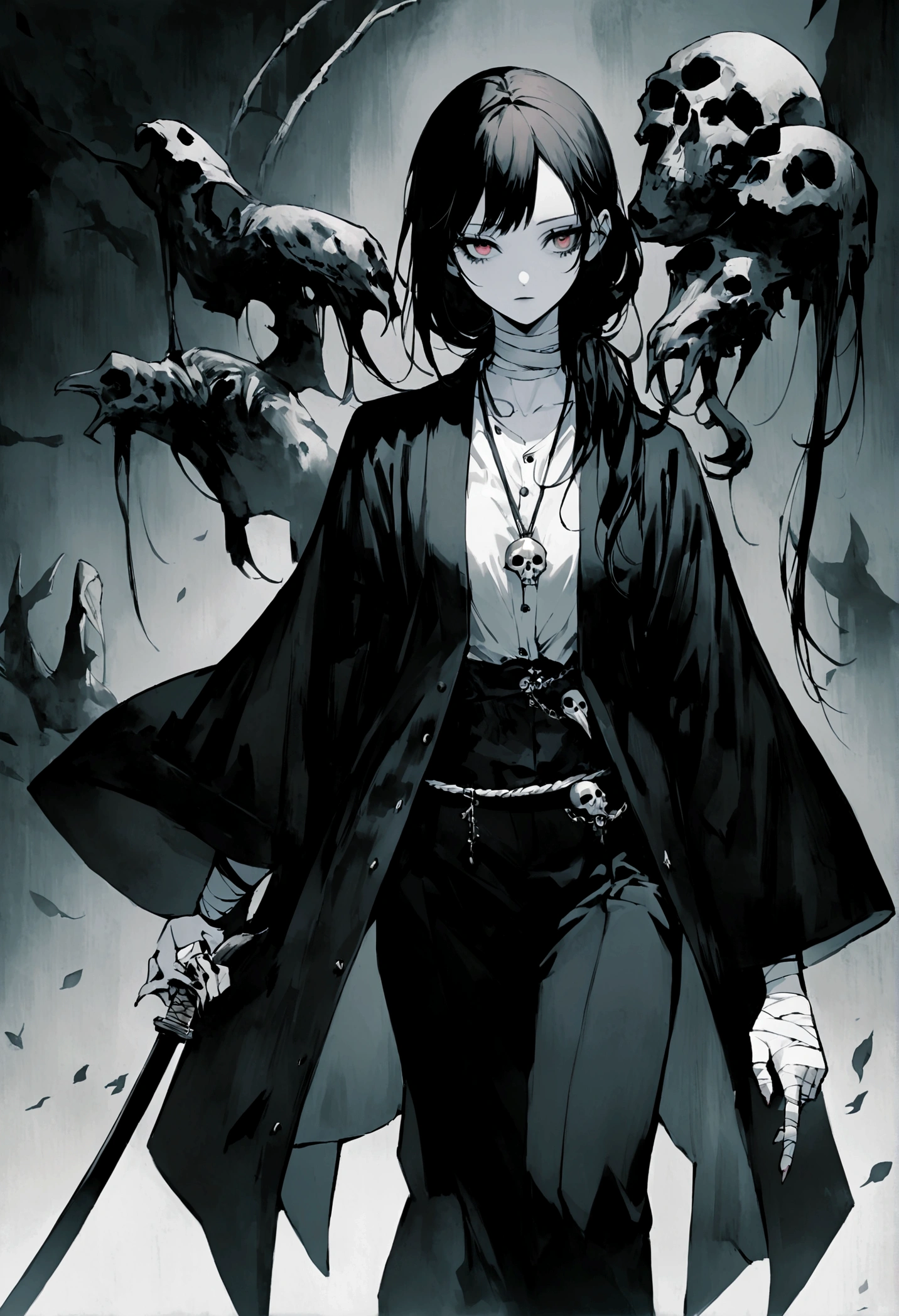 Woman, looking like a 28-year-old young woman, long hair gathered in a round ponytail composed of a spiked decoration, She would wear a button-down suit with a long haori closed with a rope that has a skull ornament hanging on the left side of the waist. Her eyes are expressionless and dark along with her hair, pale skin, her right foot is made of wood, She has many cuts on his neck and face apart from bandages on her hands. She has on her back a katana with two sharp pendants and a bird skull on the tip. 
