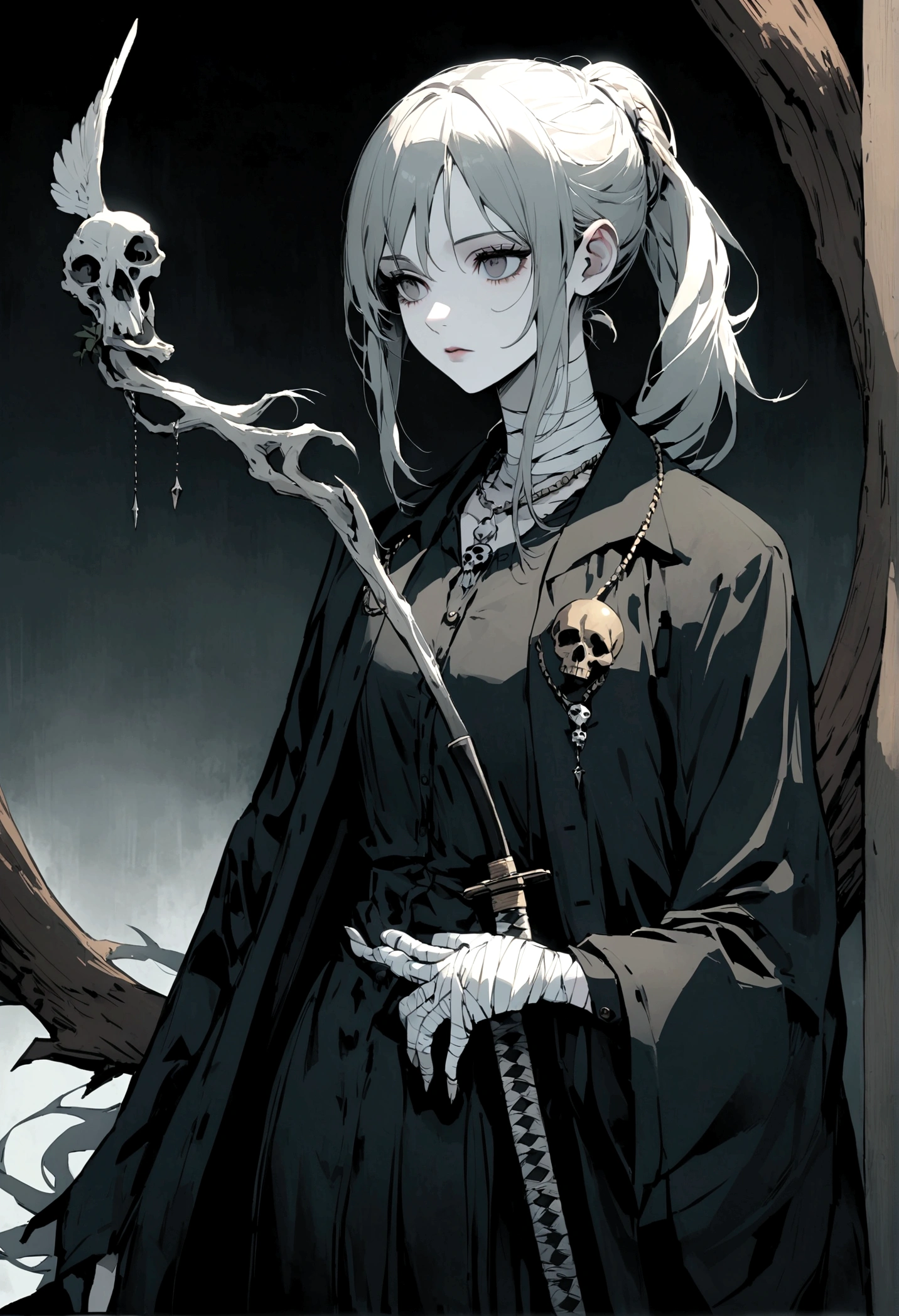 Woman, looking like a 28-year-old young woman, long hair gathered in a round ponytail composed of a spiked decoration, She would wear a button-down suit with a long haori closed with a rope that has a skull ornament hanging on the left side of the waist. Her eyes are expressionless and dark along with her hair, pale skin, her right foot is made of wood, She has many cuts on his neck and face apart from bandages on her hands. She has on her back a katana with two sharp pendants and a bird skull on the tip.