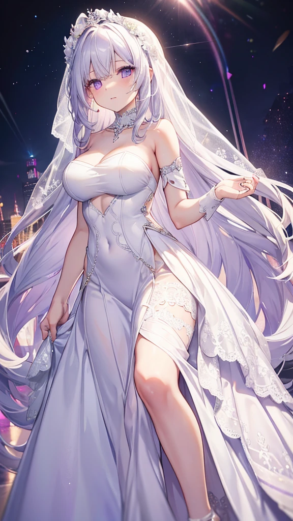 Extremely long white hair, purple eyes, dreamiest female figure, gorgeous  girl. white strapless wedding dress. Untra 8k.