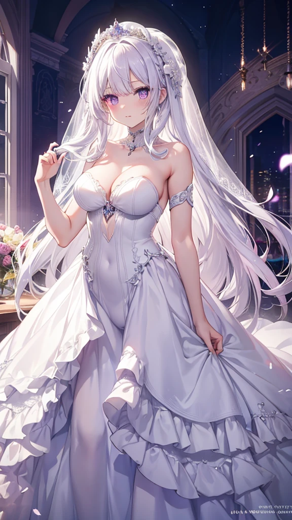 Extremely long white hair, purple eyes, dreamiest female figure, gorgeous  girl. white strapless wedding dress. Untra 8k.