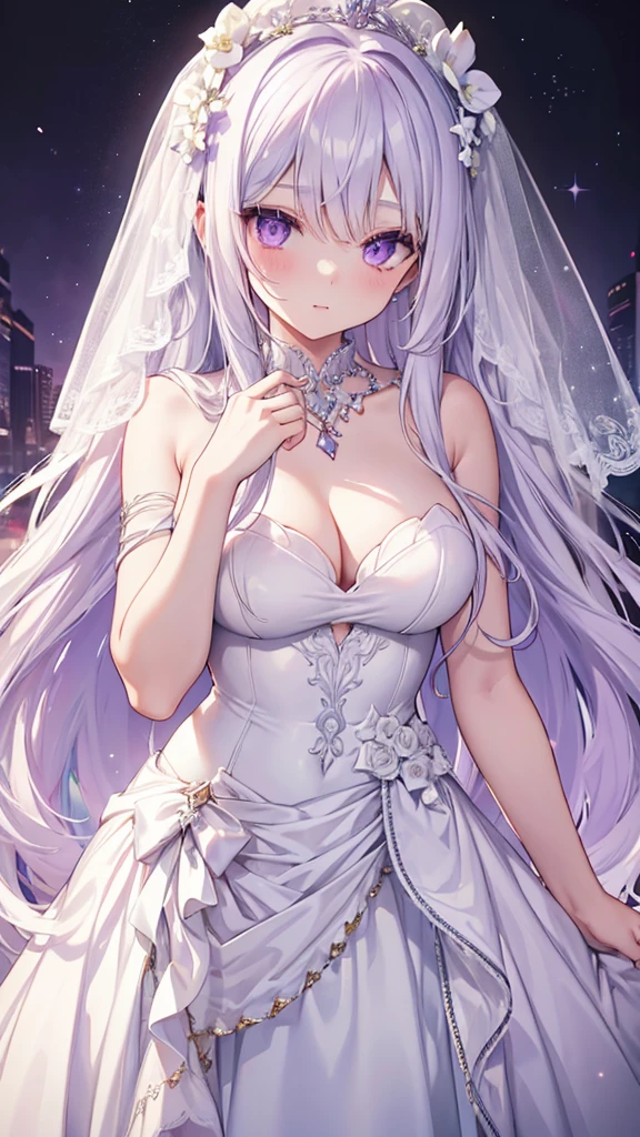 Extremely long white hair, purple eyes, dreamiest female figure, gorgeous  girl. white strapless wedding dress. Untra 8k.
