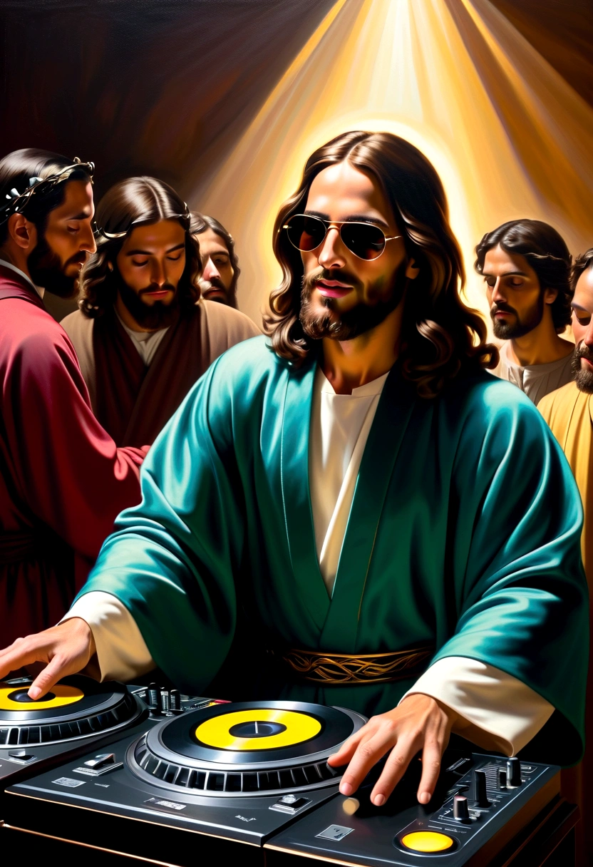 ntimate (oil painting:1.2), inspired by Caravaggio and El Greco BREAK (Jesus Christ as a DJ:1.3), grin, sunglasses, (robe:1.2), , confidence, (Soft glow:1.2) BREAK (Ethereal presence:1.2),(Subtle radiance:1.2),(Seraphic companions:1.3) BREAK Muted surroundings, Sacred atmosphere, Executed with masterful strokes, Rich chiaroscuro, Evocative emotion