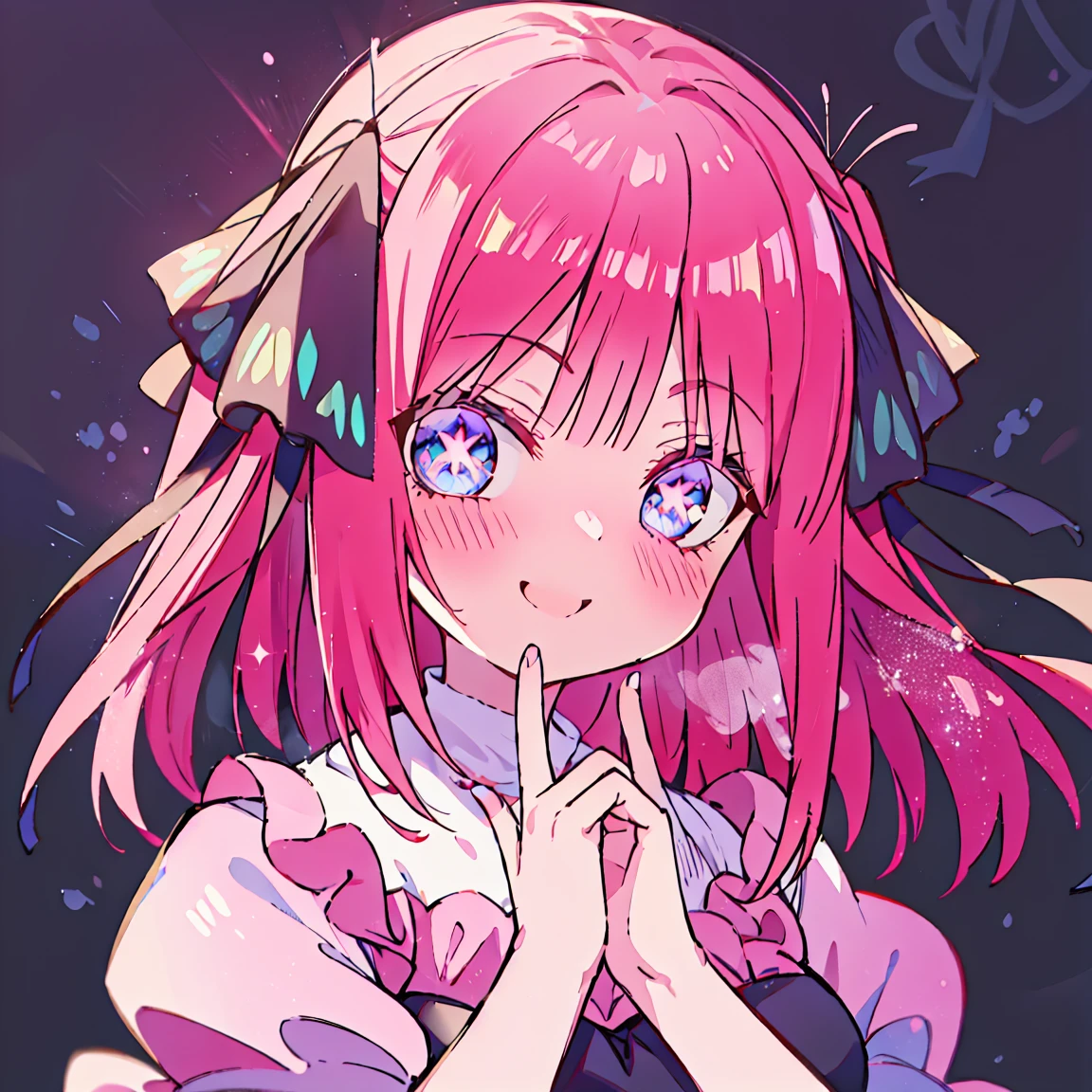 Nino nakano, looking at viewer, happy surprised face, sparkling eyes, smile, joyful cheery smile, happy, overflowing joy, pink silky hair, hair ribbons, (masterpiece:1.2), best quality, high resolution, unity 8k wallpaper, (illustration:0.8), (beautiful detailed eyes:1.6), extremely detailed face, perfect lighting, extremely detailed CG, (perfect hands, perfect anatomy),, sticker, head, minimal, head only, flat colours, simple lines