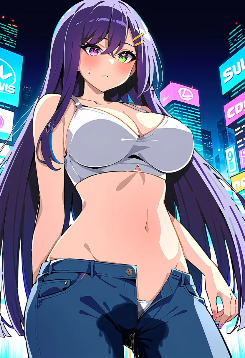 (masterpiece:1.37), best quality, (extremely detailed:1.37), woman, mature, adult, large breasts, very long hair, (straight hair:1.5), dark purple hair, purple eyes, (extremely detailed eyes:1.37), crop top, cleavage, navel, jeans, open fly, (groin:1.25), desperation, (wetting: self 3.0), standing, city, futuristic, neon lighting, high-tech, street