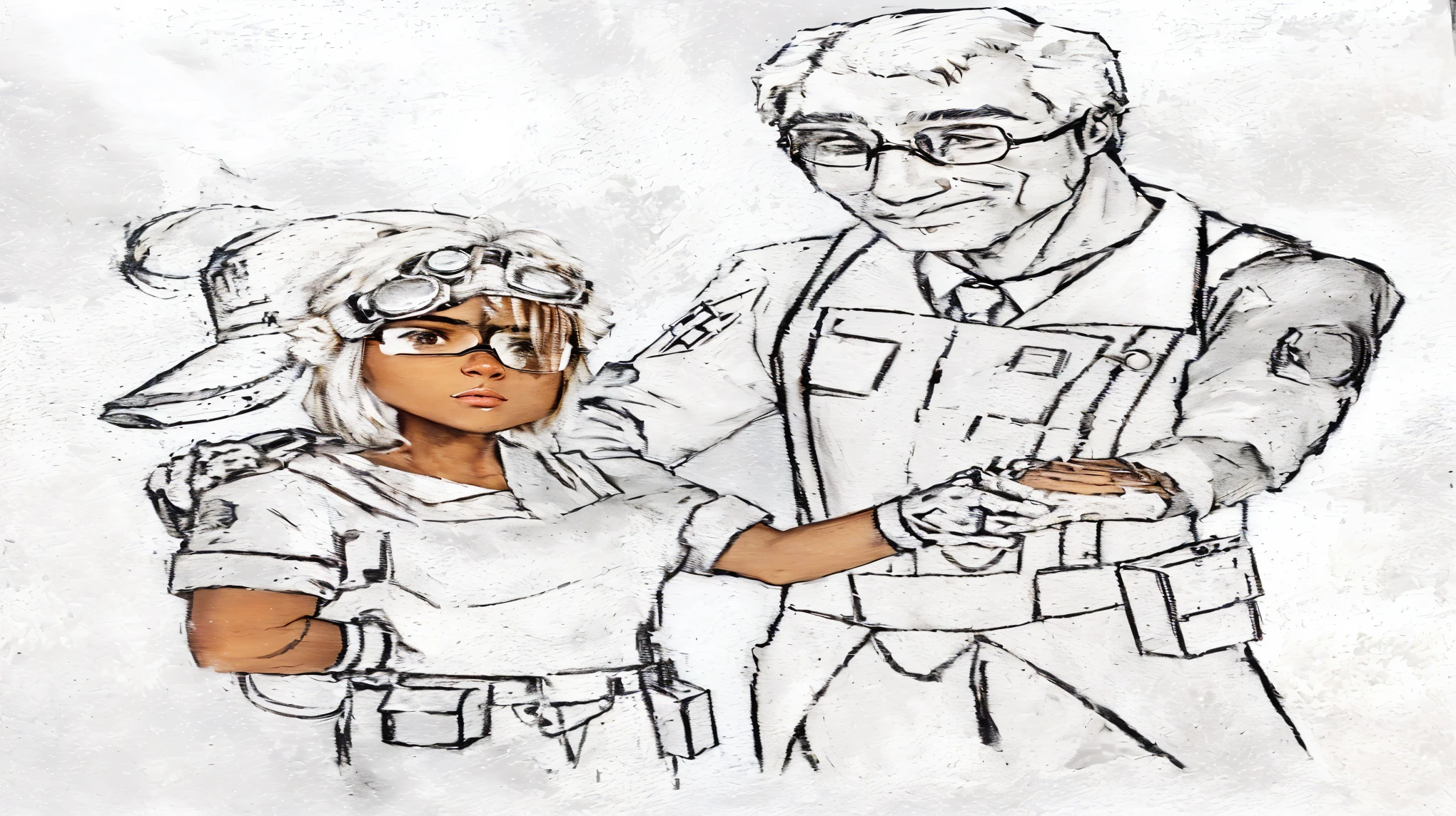 A Caucasian male, doctor with prescription glasses, white coat with cross symbol on the arm, holding the arm of a brown girl with brown skin, engineer, with an animal-like face, large floppy ears, with welding goggles hanging from his hair. Brown hair with green highlights. Man is checking the wound on his arm . Man has confident smile.  He has a scared face and is in a little pain, looking at the man. 
