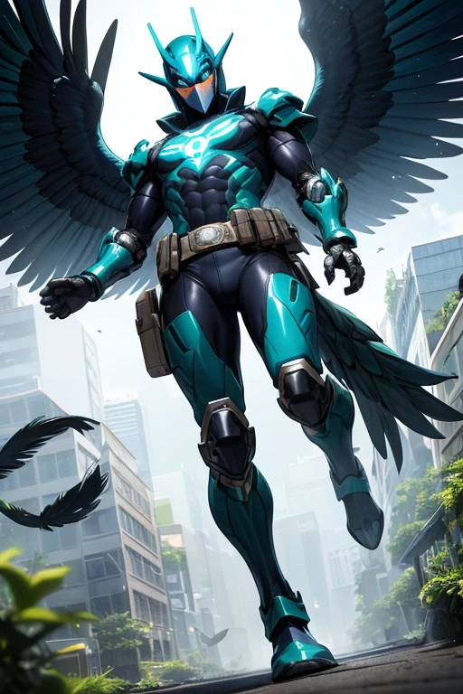 ((best quality)), ((masterpiece)), (detailed), 1 man, full body, 25 years old, masked, blue mask, blue head, uncovered mouth, biker helmet, blue helmet, parrot helmet, black neck, tall, thin, black beak, black details, a green parrot with a blue head on his side, metallic wings, wings on his arms, blue fingerless gloves, blue wristbands, luminous blue wings shooting lasers, blue suit resembling light armor, blue suit with an emblem, entirely green chest, emblem on his chest, green pants, deployable bird tail, metallic feathers, gray knee pads, metallic gray boots, metallic bird claws, black superhero belt, flying through the city, midday jungle background, anime