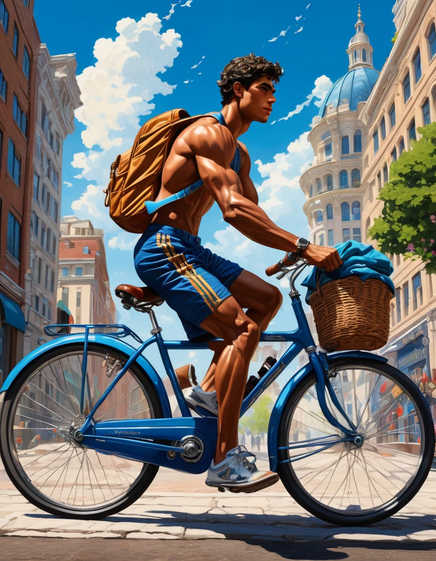 deep colors palette , simetryc composition,  ultradetailed art style, oil painting, fullbody, perfect compositicion,  perfect anatomy, wearing small litle shorts, dramatic, natural lighting, a young gorgeous, handsome, tall, perfect feet, latino ,  detailed realistic muscles, simetryc body,  he is  ridding  a blue bicycle and holding a sort , carring  a multicolor back bag,   in a downtown  scenario