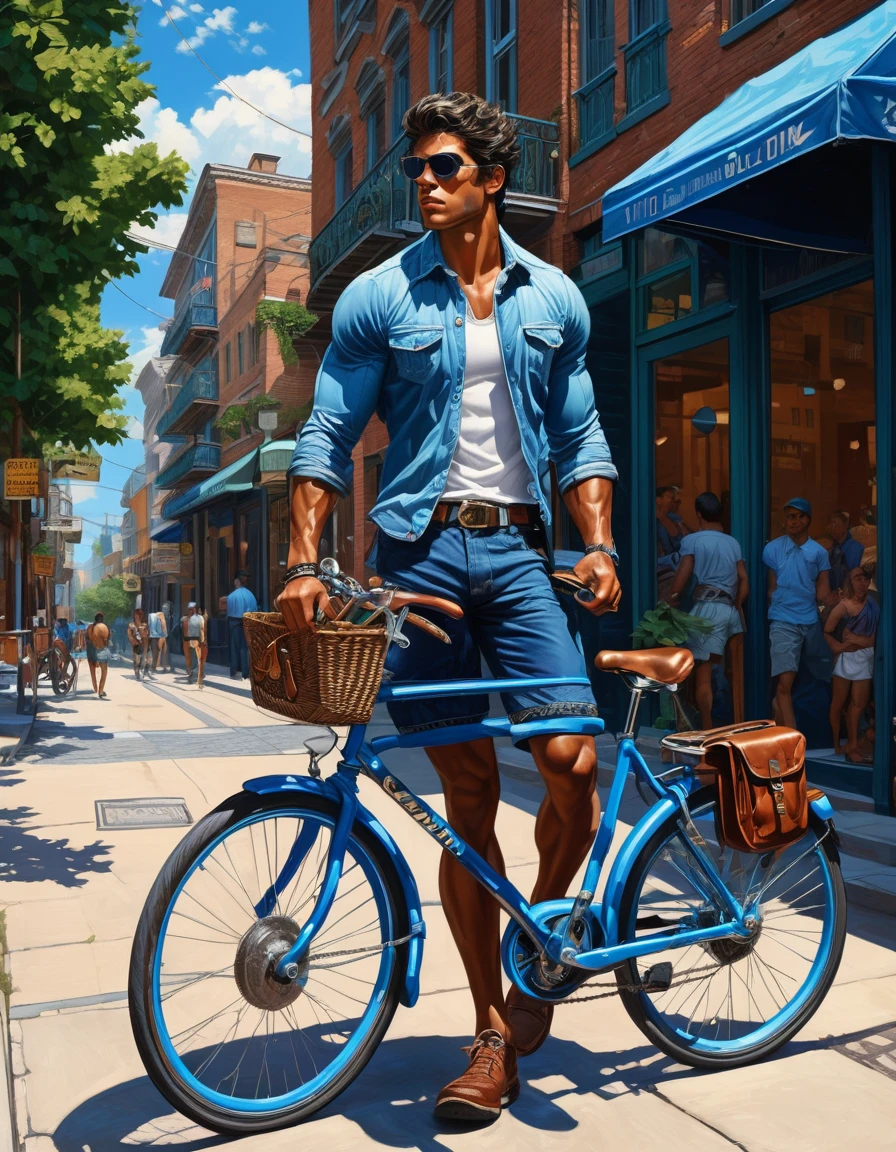 deep colors palette , simetryc composition,  ultradetailed art style, oil painting, fullbody, perfect compositicion,  perfect anatomy, wearing small litle shorts, dramatic, natural lighting, a young gorgeous, handsome, tall, perfect feet, latino ,  detailed realistic muscles, simetryc body,  he is  ridding  a blue bicycle and holding a sort , carring  a multicolor back bag,   in a downtown  scenario