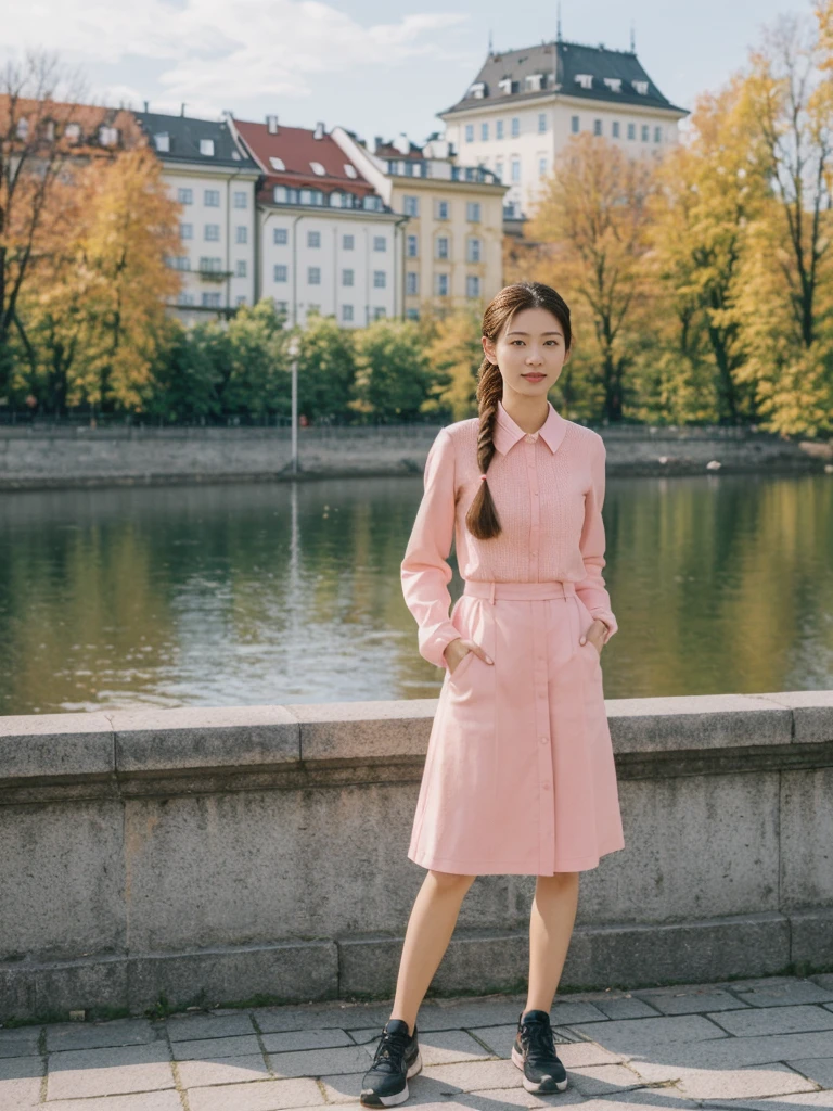 her name is Asako, high quality, 1girl, ((20-year-old fit Caucasian woman)), ((20 years old)), ((slim)), ((Fishtail Braid hair)), pose: standing, wearing asian style Generation-Z modern wear bright colored, BACKGROUND:In the Letná Park, with panoramic views of the Vltava River and the historic city center.