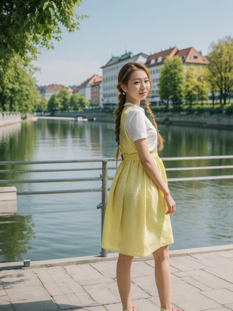 her name is Asako, high quality, 1girl, ((20-year-old fit Caucasian woman)), ((20 years old)), ((slim)), ((Fishtail Braid hair)), pose: standing, wearing asian style Generation-Z modern wear bright colored, BACKGROUND:In the Letná Park, with panoramic views of the Vltava River and the historic city center.