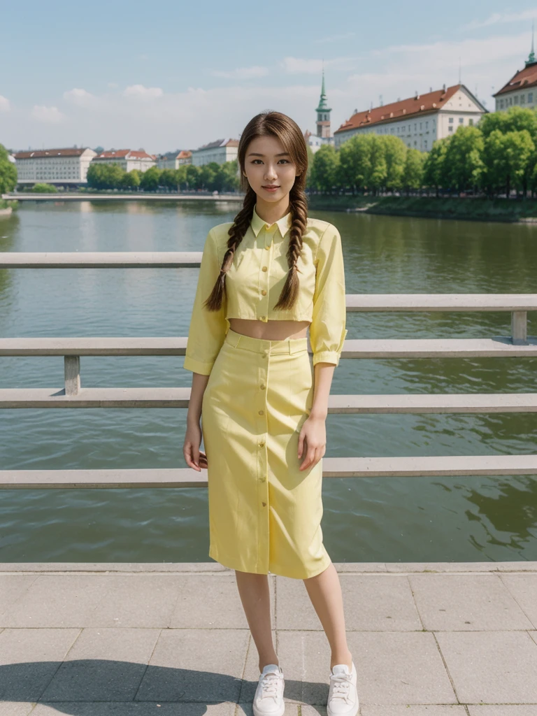 her name is Asako, high quality, 1girl, ((20-year-old fit Caucasian woman)), ((20 years old)), ((slim)), ((Fishtail Braid hair)), pose: standing, wearing asian style Generation-Z modern wear bright colored, BACKGROUND:In the Letná Park, with panoramic views of the Vltava River and the historic city center.