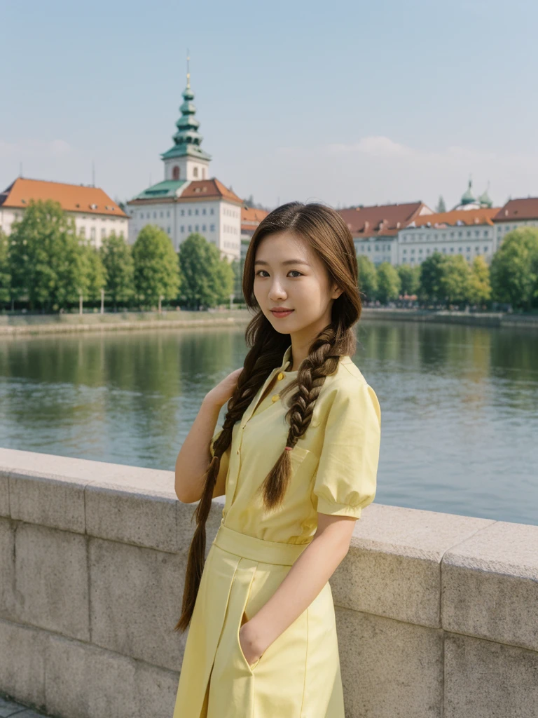 her name is Asako, high quality, 1girl, ((20-year-old fit Caucasian woman)), ((20 years old)), ((slim)), ((Fishtail Braid hair)), pose: standing, wearing asian style Generation-Z modern wear bright colored, BACKGROUND:In the Letná Park, with panoramic views of the Vltava River and the historic city center.