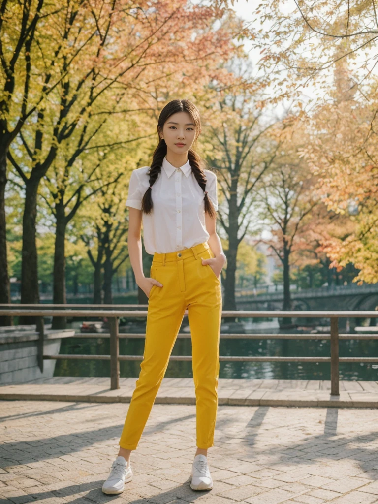 her name is Asako, high quality, 1girl, ((20-year-old fit Caucasian woman)), ((20 years old)), ((slim)), ((Fishtail Braid hair)), pose: standing, wearing asian style Generation-Z modern wear bright colored, BACKGROUND:In the Letná Park, with panoramic views of the Vltava River and the historic city center.