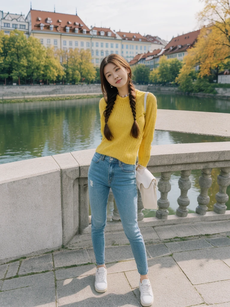 her name is Asako, high quality, 1girl, ((20-year-old fit Caucasian woman)), ((20 years old)), ((slim)), ((Fishtail Braid hair)), pose: standing, wearing asian style Generation-Z modern wear bright colored, BACKGROUND:In the Letná Park, with panoramic views of the Vltava River and the historic city center.