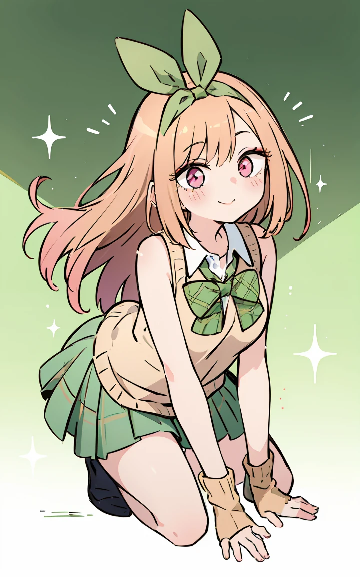 Marin kitagawa, long hair, marin ressed up as Yotsuba Nakano, long blonde hair with pink ends, sparkling pink eyes, sweet face, cheery, playful happy face, lovely, 4k, perfect quality, excellent fusion, excellent character design, green ribbon, sleeveless yellow sweater, collared white short sleeved shirt, green bow tie, green pleated skirt, bright colors, pastel coloured image, vivid colours, light colours, simple background, magic hill background, splendid nature, natural light, daylight, full body, full shot, dinamic pose, extremely detailed, clean lineart, neat, smile