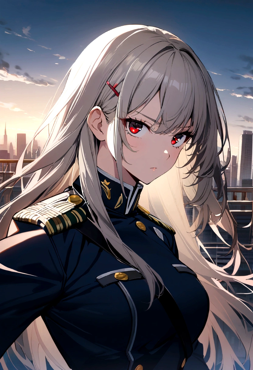 1girl, dark blue military uniform, grey blond hair, long hair, red Eyes, hairclip, city background,
