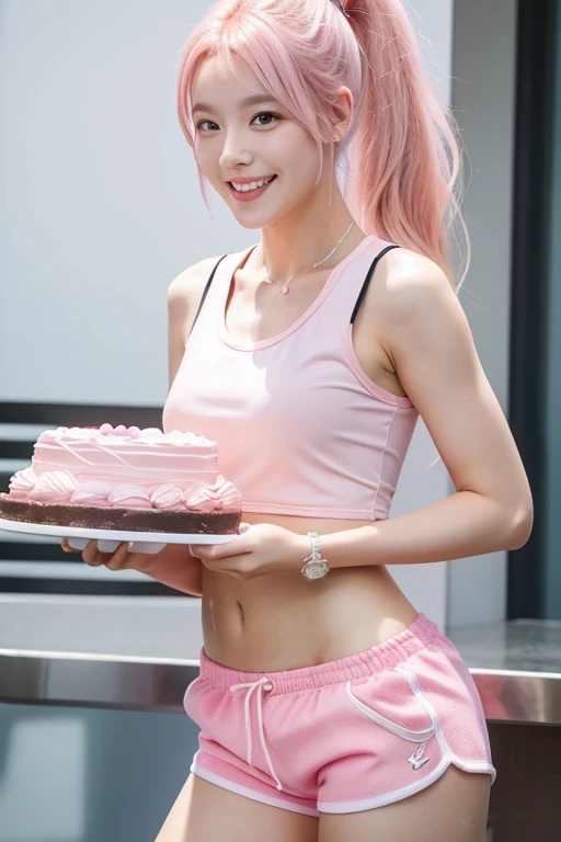 Tall caucasian woman with pink hair in a ponytail, wearing a pink tang top, pink shorts, and pink sneakers smiles holding a cake in one hand.