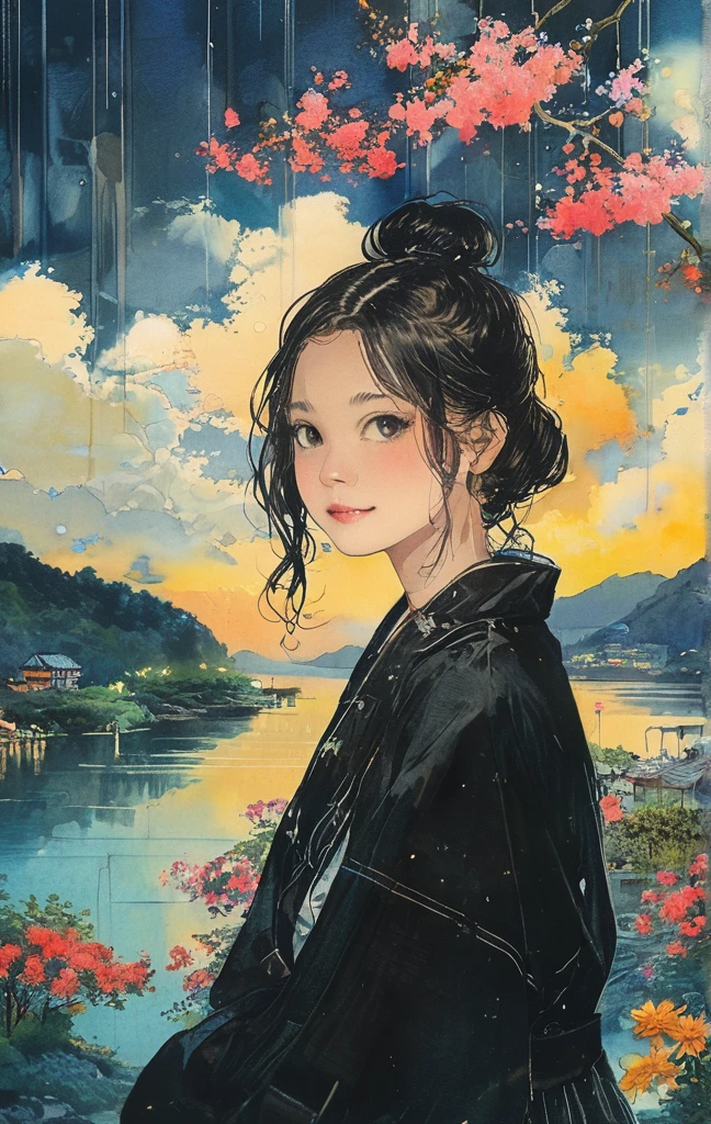 photoRealstic、((Super multiple exposure effect where the background can be seen through the clothes))、girl with、A smile、Lakeside in the background、Wonderful、towards the night view, If you leave the shutter open for a long time、create a line of light.