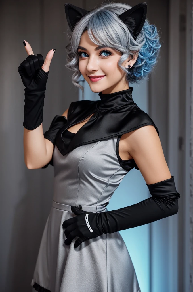 Mesa Better image quality marvelous high detail a young woman((adult))animated style black dress(sleeveless) long black gloves(elbow gloves)(satin) black pantyhose white wolf ears short hair((Shortcuts)(gray hair)(Curly hair)(spongy)) SMILE(happy) Eye color is blue.