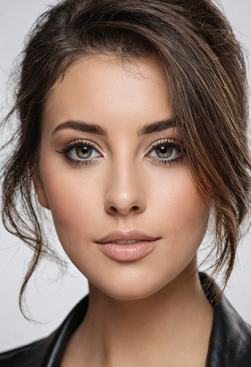 Photo réaliste de face Portrait face caméra d'une brune latina aux yeux verts avec des taches de rousseur sur le nez salle de sport vêtements serrés, grosses et grosses fesses bronzées