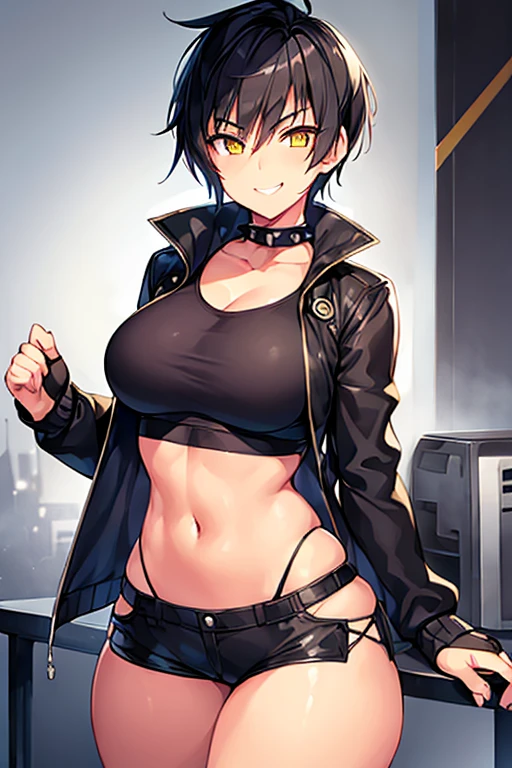 1girl, spiked hair, very short hair, yellow eyes, tan, tan skin, tan-skinned female, black hair, tomboy, pixie cut, large breasts, hourglass figure, thick thighs, smile, smirk, smug, toned, white shirt, jacket, sneakers, black jacket, shirt, short pants, shorts, fingerless gloves,