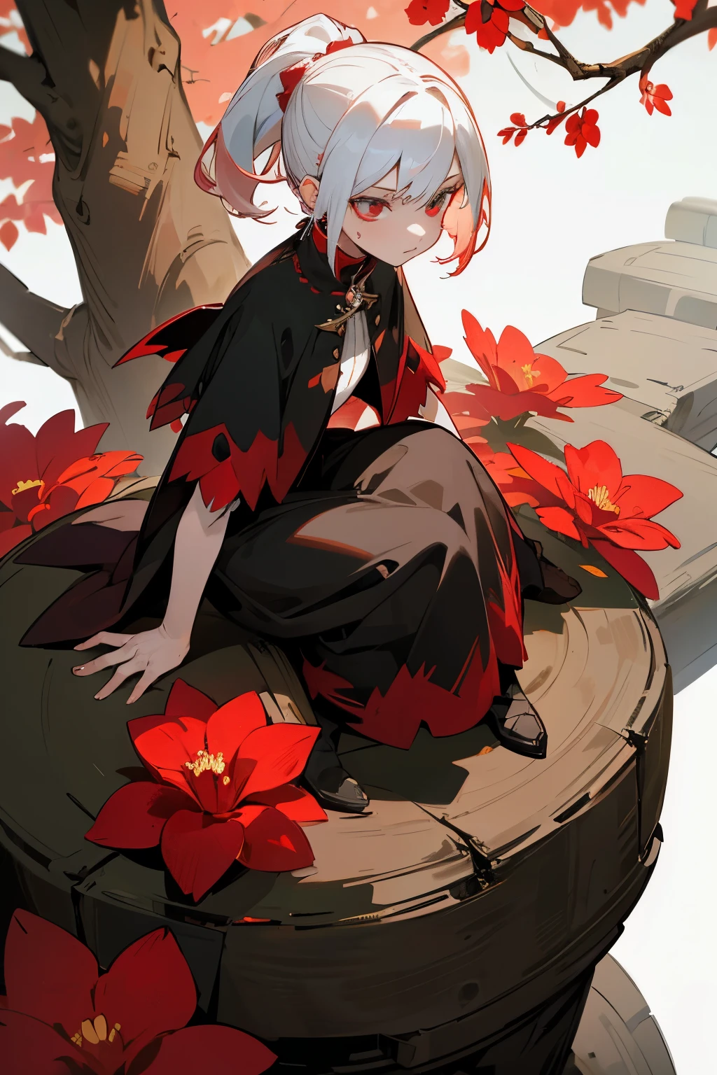 A woman with an emotionless face, red and white hair, with wide eyes, a red and black mage outfit, with an air of devil, sitting on a tree trunk watching a red flower