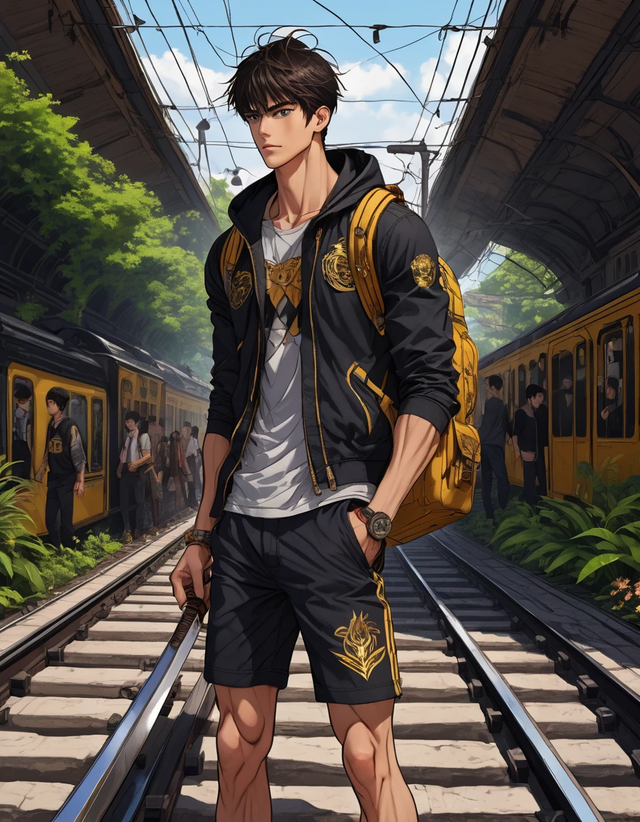 anime style, deep color palette, symmetrical composition, ultra-detailed artistic style, oil painting, full body, perfect composition, perfect anatomy, wearing small shorts, dramatic, natural lighting, a beautiful young man, handsome, tall, perfect feet, Latino, muscles Realistically detailed, body symmetry, he is furious sitting on the roof of a black and gold train locomotive and holding a sword, carrying a multicolored backpack, in a mix of downtown and jungle scenery
