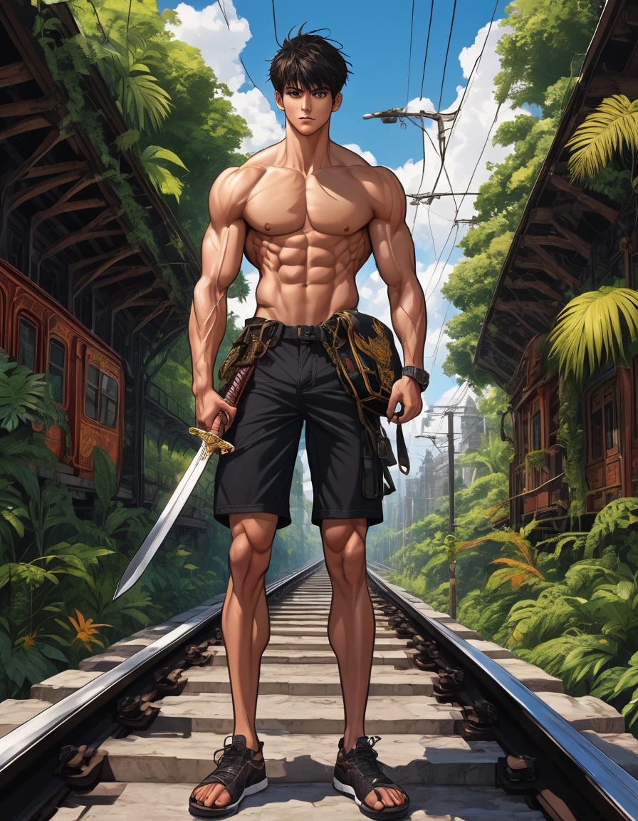 anime style, deep color palette, symmetrical composition, ultra-detailed artistic style, oil painting, full body, perfect composition, perfect anatomy, wearing small shorts, dramatic, natural lighting, a beautiful young man, handsome, tall, perfect feet, Latino, muscles Realistically detailed, body symmetry, he is furious sitting on the roof of a black and gold train locomotive and holding a sword, carrying a multicolored backpack, in a mix of downtown and jungle scenery