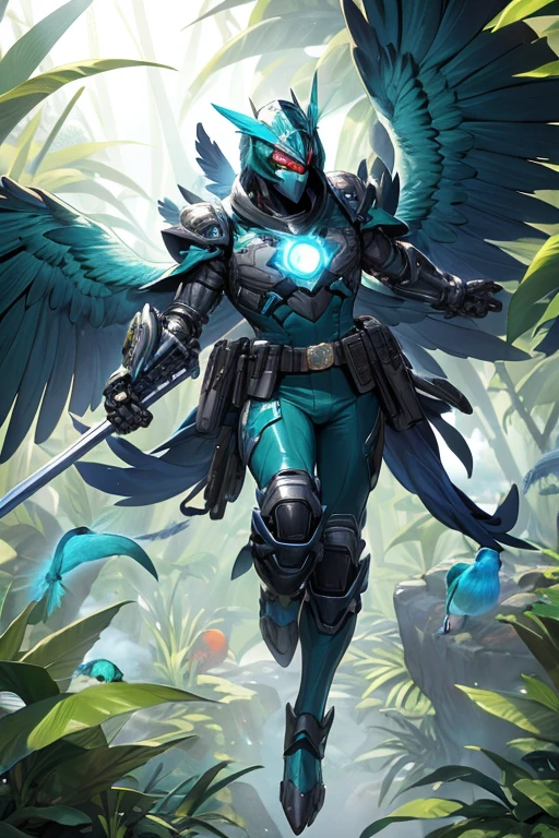 ((best quality)), ((masterpiece)), (detailed), 1 man, full body, 25 years old, masked, blue mask, blue head, uncovered mouth, biker helmet, blue helmet, parrot helmet, black neck, tall, thin, black beak, black details, a green parrot with a blue head on his side, metallic wings, wings on his arms, blue fingerless gloves, blue wristbands, luminous blue wings shooting lasers, blue suit resembling light armor, blue suit with an emblem, entirely green chest, emblem on his chest, green pants, deployable bird tail, metallic feathers, gray knee pads, metallic gray boots, metallic bird claws, black superhero belt, flying through the jungle, midday jungle background, anime