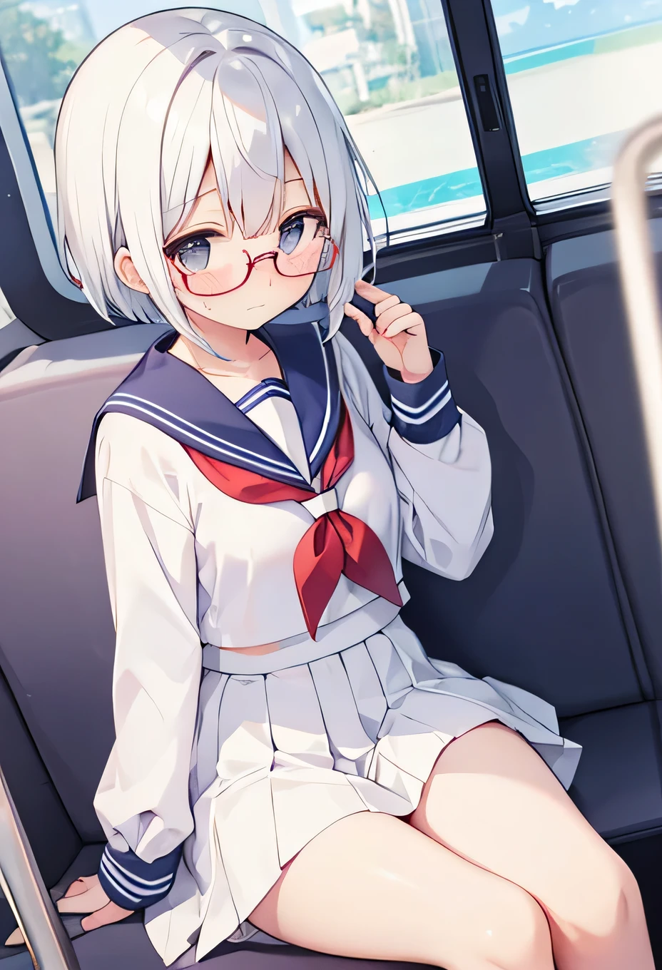 Glasses、cute、Embarrassed face、white hair、White panties、Crossing your legs、Low - Angle、Sailor suit、skirt